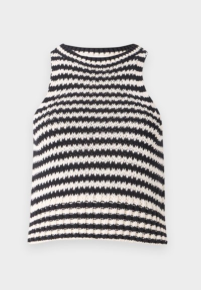 Rutet svart-hvitt ermeløs topp med rund hals og teksturert strikket stoff med ribbestrikket kant.