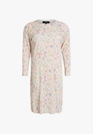 Vestido crema de manga larga con cuello redondo y pequeño estampado floral en rosa, morado y verde.