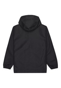 Giacca a hood nera a maniche lunghe con polsini elastici, mostrata dal retro su uno sfondo bianco.
