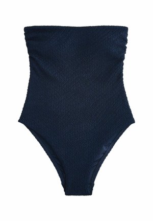 Ciemnogranatowy teksturowany jednoczęściowy strój kąpielowy bez ramiączek, z wysokim wycięciem na nogi i marszczonym górnym brzegiem.