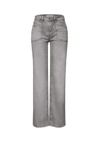 Jean gris taille haute à jambes larges avec poches plaquées à l'avant, passants de ceinture, fermeture boutonnée et détails délavés subtils.