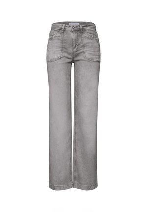 Hoch taillierte, weit geschnittene graue Jeans mit vorderen aufgesetzten Taschen, Gürtelschlaufen, Knopfverschluss und dezenten, verwaschenen Details.