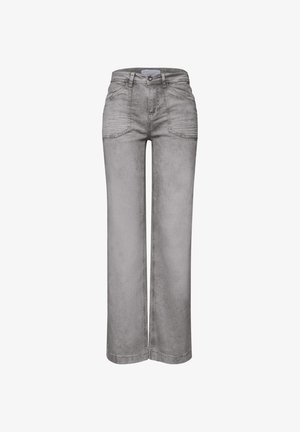 Hoch taillierte, weit geschnittene graue Jeans mit vorderen aufgesetzten Taschen, Gürtelschlaufen, Knopfverschluss und dezenten, verwaschenen Details.