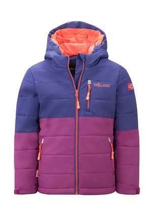 Children's padded jacket with purple and blue color blocks, orange zippers, hood, chest pocket, and Norwegian flag patch on the sleeve.