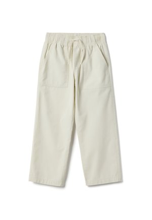 Pantalones beige claro con cintura elástica y cordón ajustable. Tienen dos bolsillos delanteros y un ajuste relajado con piernas rectas. Hechos de algodón.