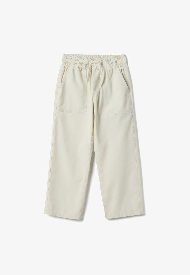 Pantalon beige clair avec une taille élastique et un cordon de serrage. Comprend deux poches avant et une coupe décontractée avec des jambes droites. Matière en coton.