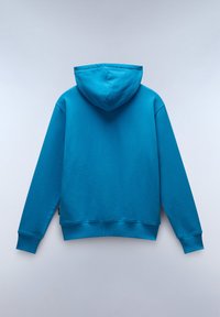 Felpa con cappuccio turchese, colletto rotondo, polsini e vita a coste. Il tessuto appare liscio con una vestibilità comoda.