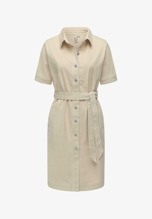 Vestito beige chiaro in cotone con maniche corte e chiusura con bottoni, con colletto, cintura in vita e due tasche laterali. Design semplice e funzionale.