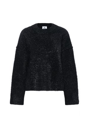 Black knitted sweater with a soft, textured finish, featuring a round neck and long sleeves. Cropped design with loose fit.