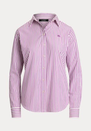 Striped button-up shirt with white and purple vertical stripes, featuring a classic collar, long sleeves, and a small logo on the chest.
