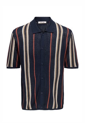 Kratka mornarsko modra pletena jopa s kratkimi rokavi, navpičnimi bež, krem in rjavimi progami ter sprednjim zapiranjem na gumbe.