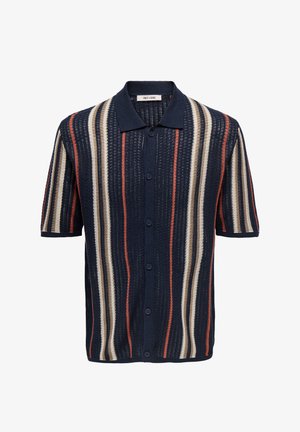 Cárdigan de punto de manga corta azul marino con rayas verticales en beige, crema y óxido, y cierre frontal con botones.