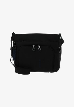 Sac messager noir en tissu, doté de deux poches zippées, d'une bandoulière ajustable et d'un logo discret bleu sur le côté.