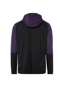 Hoodie nero e viola con tasca con zip, caratterizzato da un tessuto testurizzato con maniche a contrasto e cappuccio aderente.