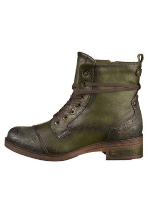 Grüne Leder-Stiefelette mit strukturiertem Zehenkappen, Schnürverschluss, seitlichen Akzenten und einem stabilen braunen Absatz. Mit einem gemusterten Design versehen.