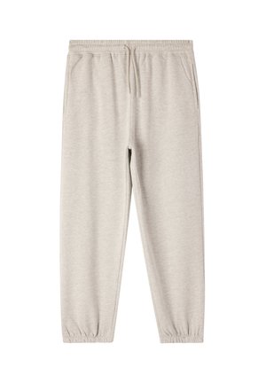 Pantaloni sportivi grigi chiari con vita regolabile, polsini a fascio e tasche laterali. Realizzati in tessuto morbido e liscio.