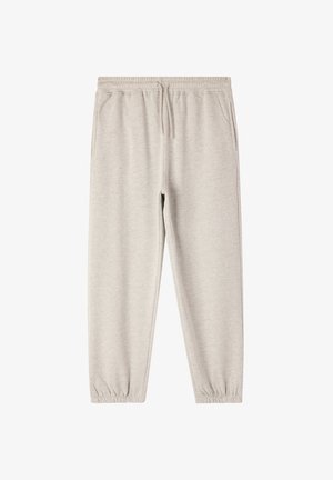 Pantaloni sportivi grigi chiari con vita regolabile, polsini a fascio e tasche laterali. Realizzati in tessuto morbido e liscio.