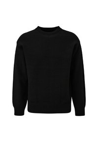 Czarny dzianinowy sweter z okrągłym dekoltem, z długimi rękawami oraz ściągaczami u rękawów i u dołu, wyeksponowany na jednolitym białym tle.