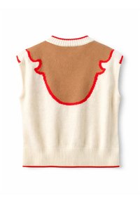 Μπλούζα χωρίς μανίκια σε εκρού χρώμα με καφέ  ώμο και κόκκινο κυματιστό περίγραμμα κατά μήκος του ώμου, των μασχάλων, του γιακά και του τελειώματος.