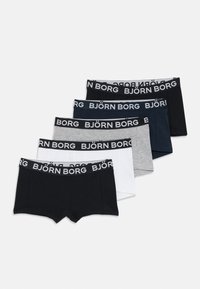 Pet parov bokseric v črni, mornarsko modri, sivi in beli barvi, z elastičnim pasom z blagovno znamko "BJÖRN BORG", izdelani iz gladke bombažne tkanine.