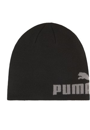 Bonnet en maille noire avec logo Puma gris et texte sur le bord inférieur, présenté sur fond blanc.