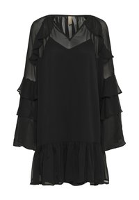 Svart chiffongklänning med V-ringning, volangärmar och svängd nederkant. Har lager av volanger på ärmarna och nederkanten för en flödande silhuett.
