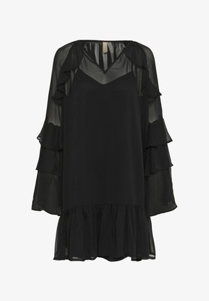 Schwarzes Chiffonkleid mit V-Ausschnitt, Rüschensäumen und ausgestelltem Saum. Verfügt über geschichtete Rüschen an den Ärmeln und am unteren Saum für eine fließende Silhouette.