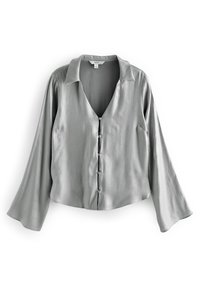 Gray, satin blouse with a v-neck, long flared sleeves, and seven front buttons. Features a classic collar and smooth texture.
