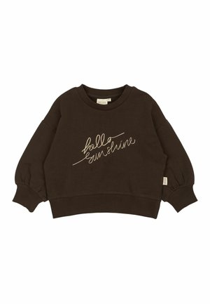 Brauner, verkürzter Sweatshirt mit puffigen Ärmeln, versehen mit cremefarbener, gestickter Schrift, die "Hallo Sonnenschein" auf der Vorderseite liest. Baumwollmaterial.