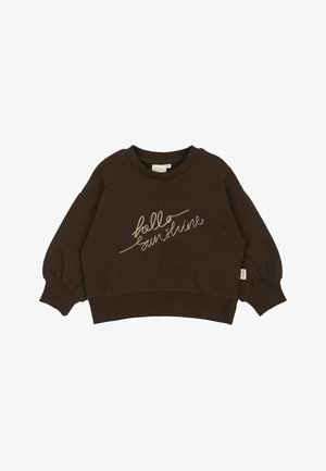 Brauner, verkürzter Sweatshirt mit puffigen Ärmeln, versehen mit cremefarbener, gestickter Schrift, die "Hallo Sonnenschein" auf der Vorderseite liest. Baumwollmaterial.