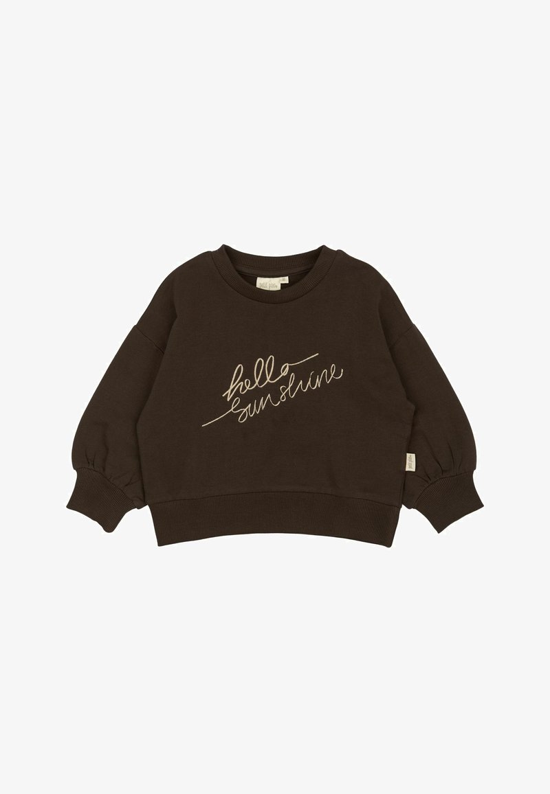 Pruun lühike särk puffy varrukatega, mille esiosas on kreemilises värvuses tikanditega tekst "tere päike". Puuvillane materjal.