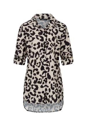Camisa de botones con estampado de leopardo en una paleta de colores beige y negro, con mangas enrolladas y un dobladillo curvado, confeccionada en material ligero.