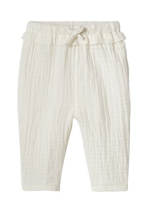 Weiche weiße Babyhosen aus einem strukturierten Stoff, mit elastischem Bund und einer kleinen dekorativen Schleife vorne.