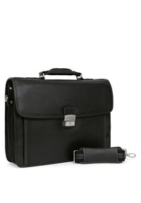Black leather briefcase with a textured surface, silver hardware, and a detachable shoulder strap. Features a flap closure and contrast stitching.