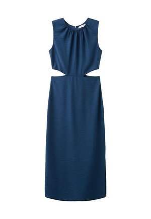 Vestido azul marino con diseño sin mangas, escote fruncido y laterales descubiertos. Confeccionado en tela suave, de longitud midi y con aberturas laterales.