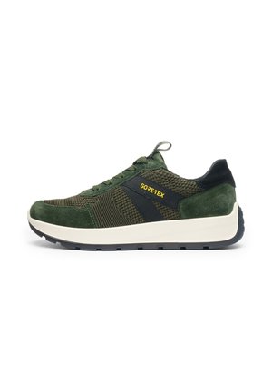 Zapatilla verde de ante y malla con suela blanca, que presenta una franja de acento negra y la marca amarilla "GORE-TEX" en el costado.