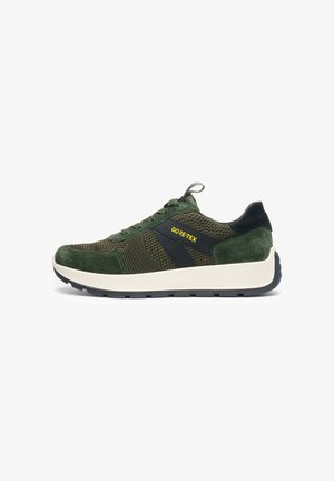 Green suede and mesh sneaker with a white sole, featuring a black accent stripe and yellow "GORE-TEX" branding on the side.