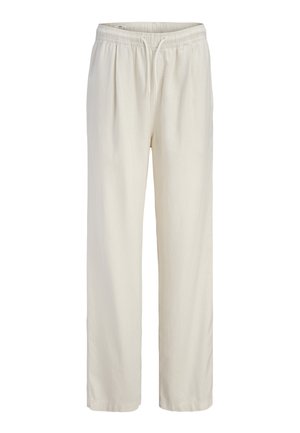 Pantalones beige de corte holgado con cintura elástica y cordón frontal, perneras rectas, confeccionados en tela ligera.