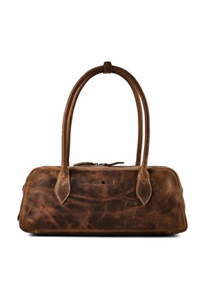 Braune Lederhandtasche im Used-Look mit zwei langen Griffen und einem Reißverschluss oben, rechteckige Form und sichtbares Markenlogo auf der Vorderseite.