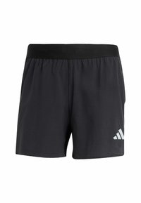 Black athletic shorts with an elastic waistband, featuring a smooth texture and a reflective white logo on the lower left side.