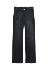 Musta farkkushousut, joissa on väljä lahje, napin suljenta, viisi taskua ja sileä, hieman teksturoitu pinta. Klassinen muotoilu, suora leikkaus.