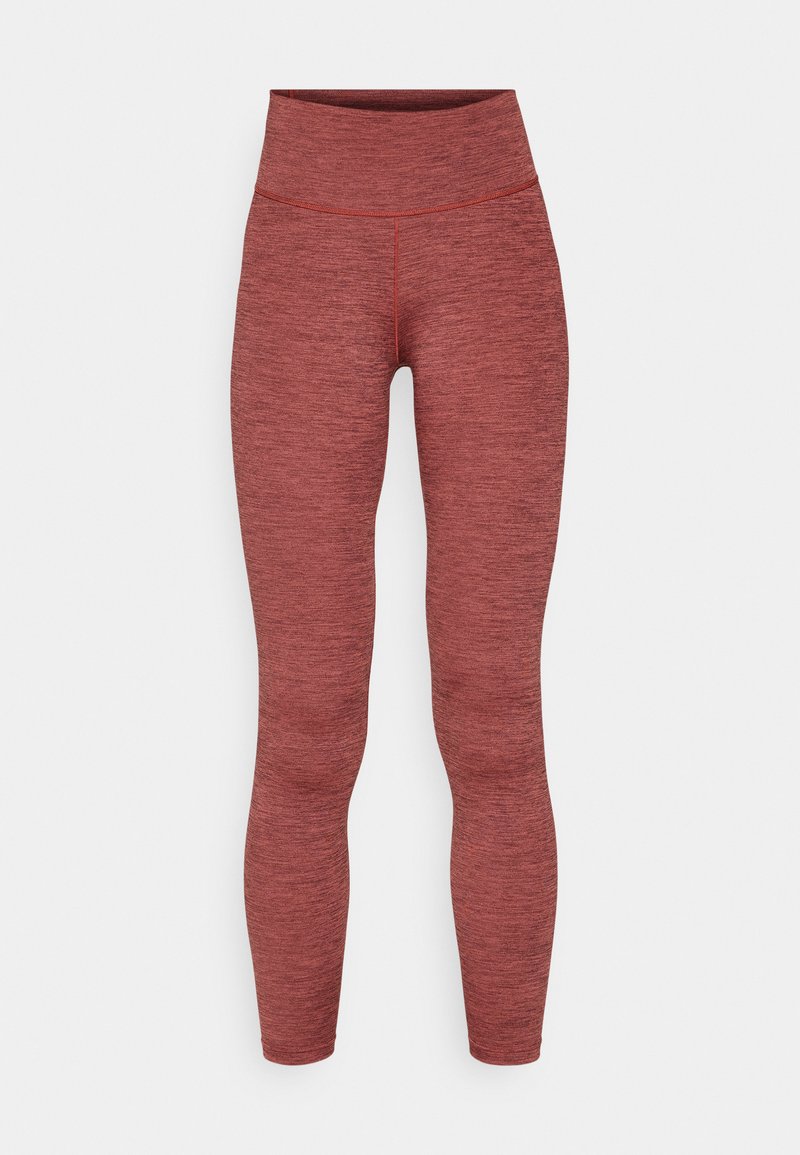 Hochtaillierte Leggings aus strukturiertem, kastanienbraunem Stoff. Sie verfügen über ein nahtloses Design mit einer figurschmeichelnden Silhouette und keinem sichtbaren Zubehör.