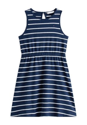 Granatowa sukienka bez rękawów z białymi poziomymi paskami, posiadająca marszczoną talię i wycięcie na plecach. Wykonana z miękkiej bawełny.