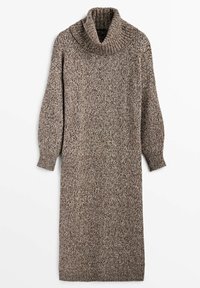 Robe pull en maille à col roulé, manches longues, avec un motif texturé marron et beige, dotée de poignets et d'un ourlet côtelés.