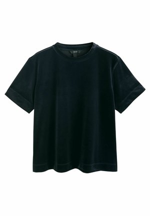 T-shirt en velours noir à manches courtes, col rond et coutures visibles aux manches et à l'ourlet.