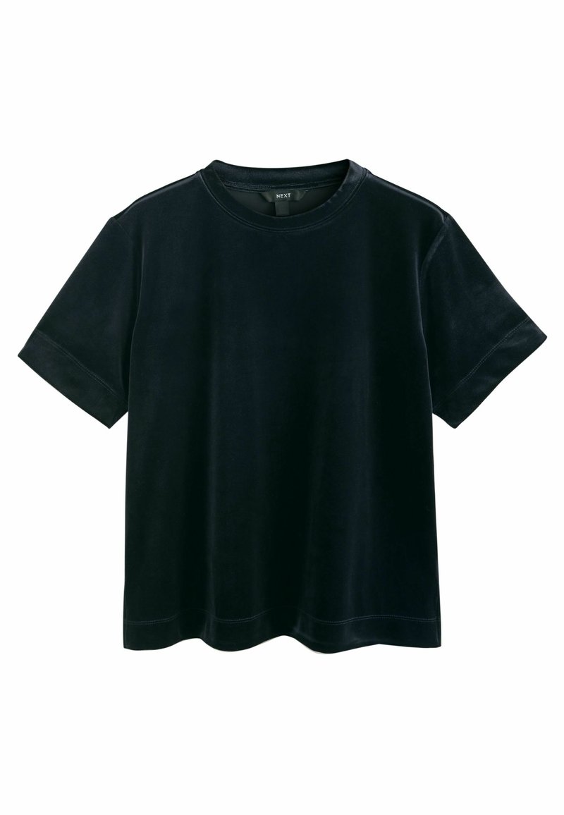 T-shirt en velours noir à manches courtes, col rond et coutures visibles aux manches et à l'ourlet.