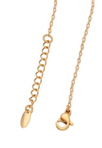 Collar de metal color dorado con eslabones ovale, que cuenta con un cierre de langosta seguro y una pequeña etiqueta ovalada con una textura suave.