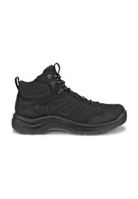 Czarne buty trekkingowe z syntetycznej góry, teksturowanej tkaniny, okrągłym noskiem, wzmocnionym piętą i elastyczną gumową podeszwą. Wyposażone w sznurowanie.