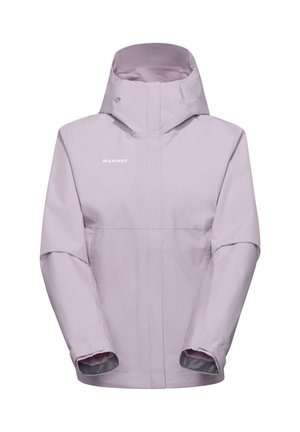 Wodoodporna kurtka z kapturem w kolorze lawendowym, z przednim zamkiem błyskawicznym i logo Mammut na lewej piersi, zaprojektowana do aktywności na świeżym powietrzu.