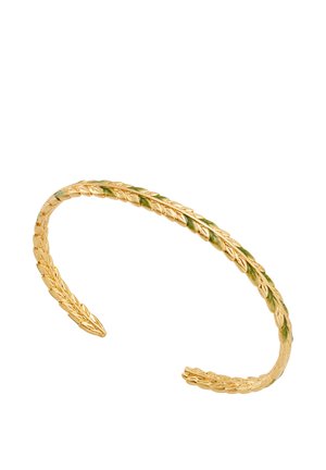 Gold-tone open cuff bracelet with a textured leaf pattern and subtle green enamel accents along the edges.